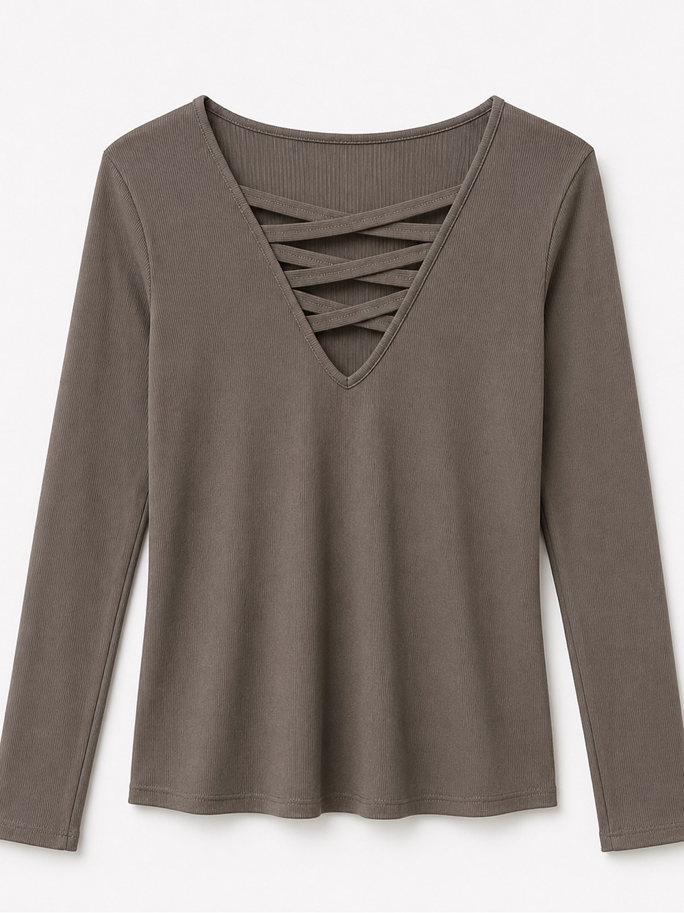 Ribbed V-Neck Crisscross Long Sleeve Top - Olive